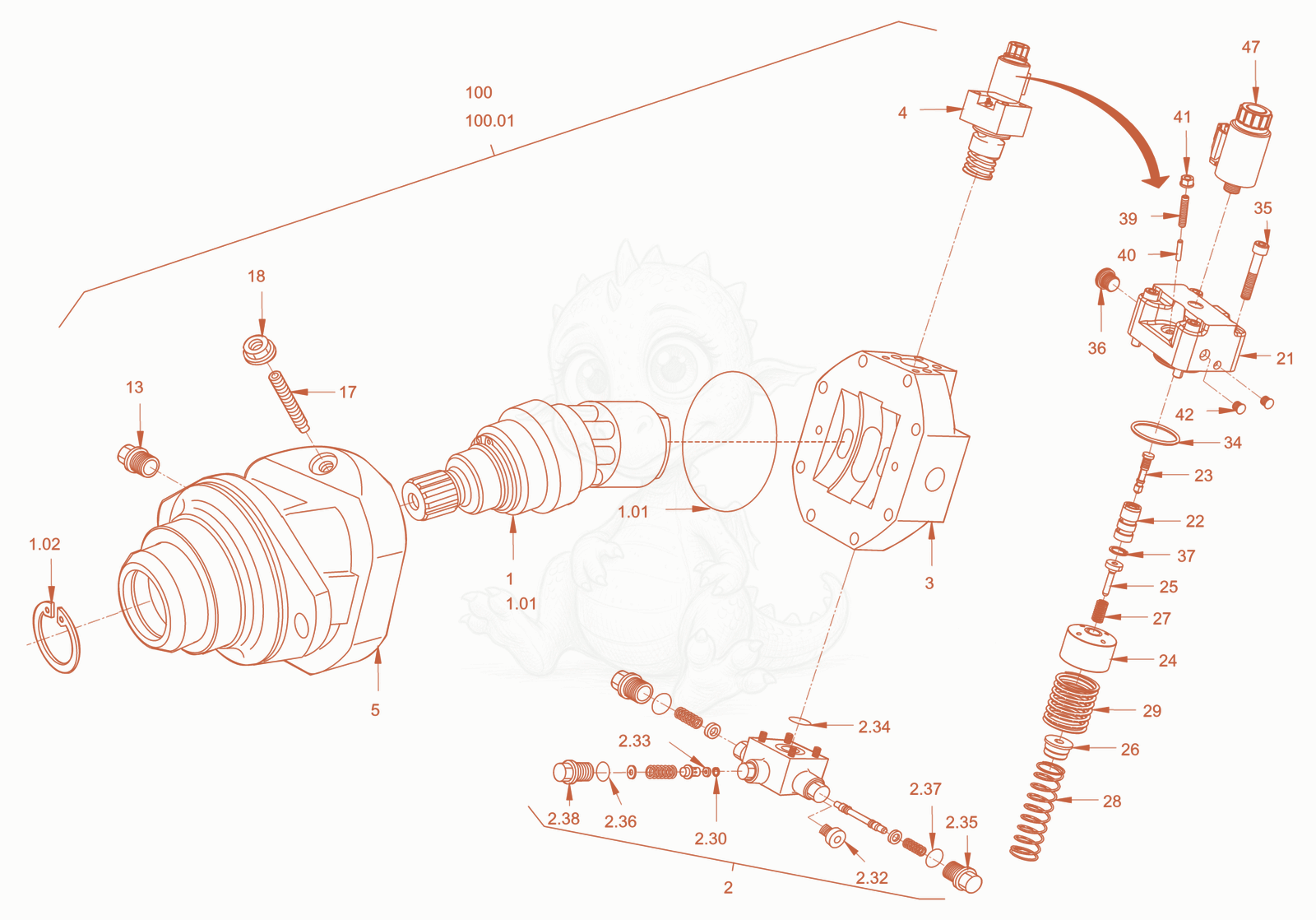 Exploded parts diagram of the variable displacement motor of a Wacker Neuson RC110USROPS, with numbered balloons