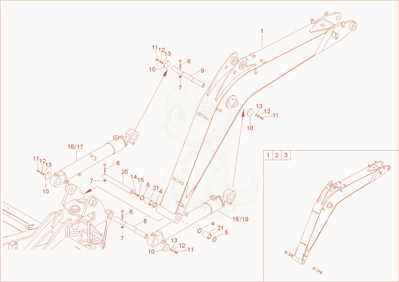 Despiece del lift arm de una máquina Wacker Neuson 8002RD, con globos numerados