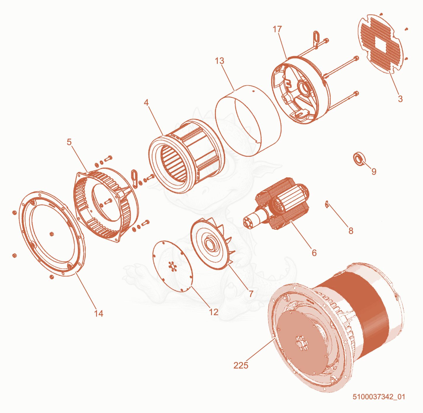 Exploded parts diagram of the Generator cpl. of a Wacker Neuson LTV6K, with numbered balloons