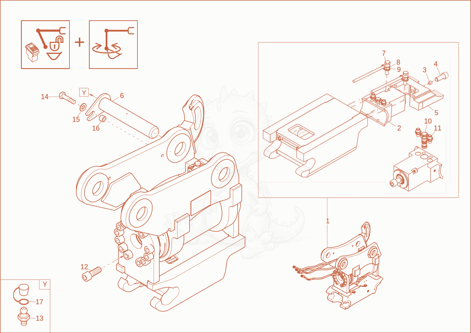 Exploded parts diagram of the quick hitch (option) of a Wacker Neuson ET90, with numbered balloons