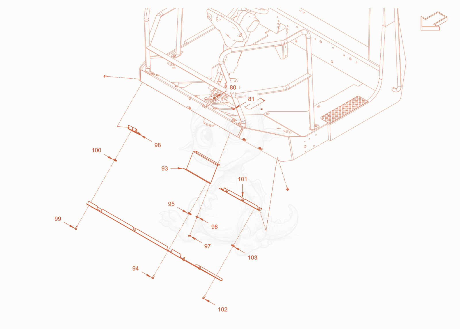 Exploded parts diagram of the roll over protection of a Wacker Neuson RC110ROPS, with numbered balloons