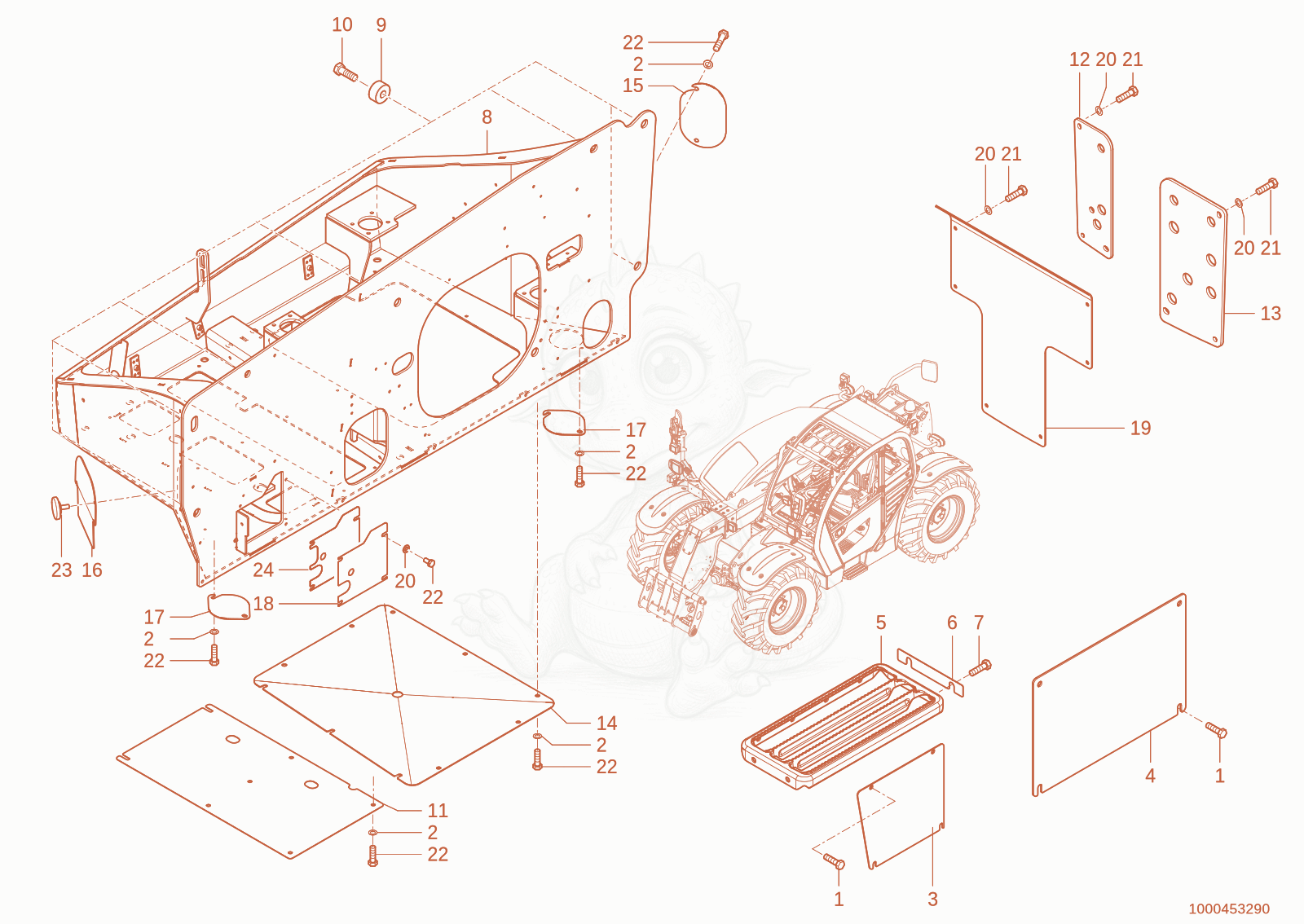 Exploded parts diagram of the trim of a Wacker Neuson TH740(415-37), with numbered balloons