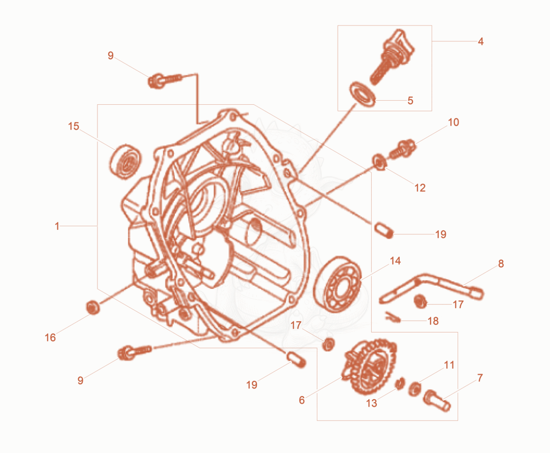 Exploded parts diagram of the Crankcase cover of a Wacker Neuson BS50-4AS11IN, with numbered balloons