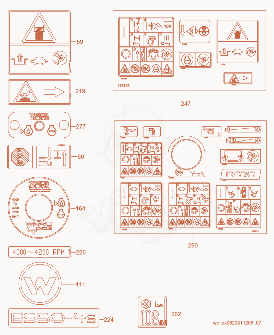Exploded parts diagram of the Labels of a Wacker Neuson BS50-4SEU, with numbered balloons