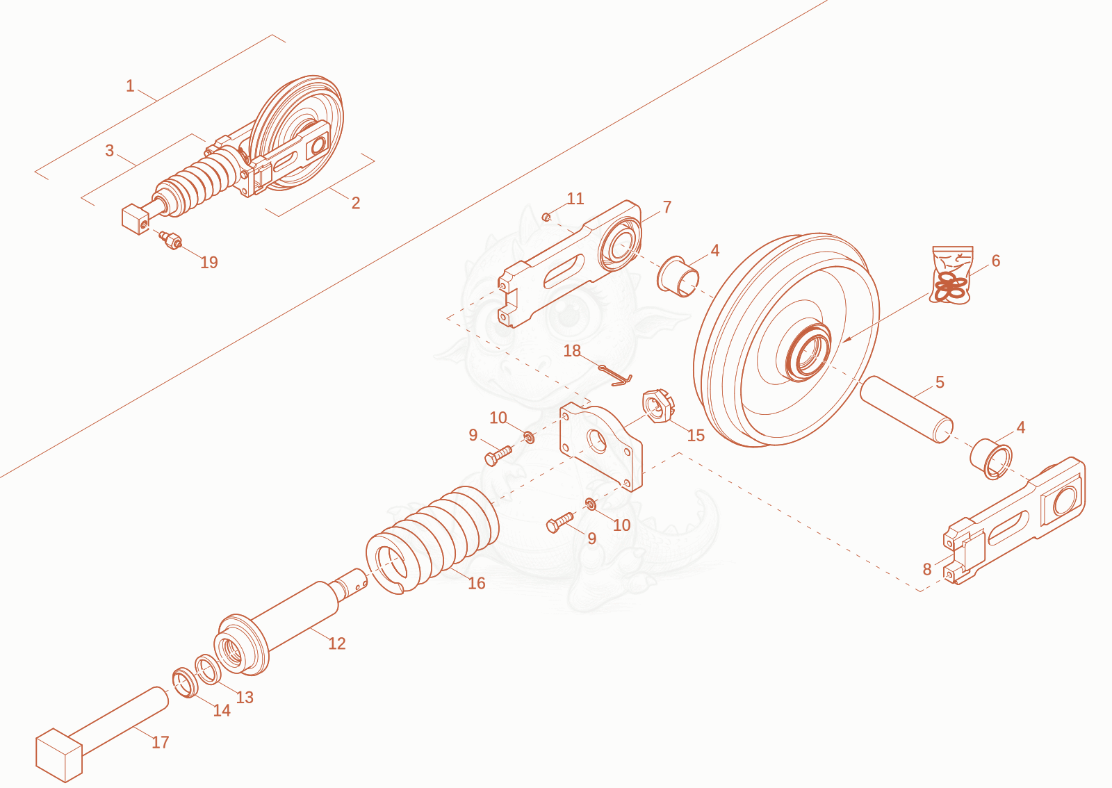 Despiece del track tensioner compl. de una máquina Wacker Neuson ET25-2, con globos numerados