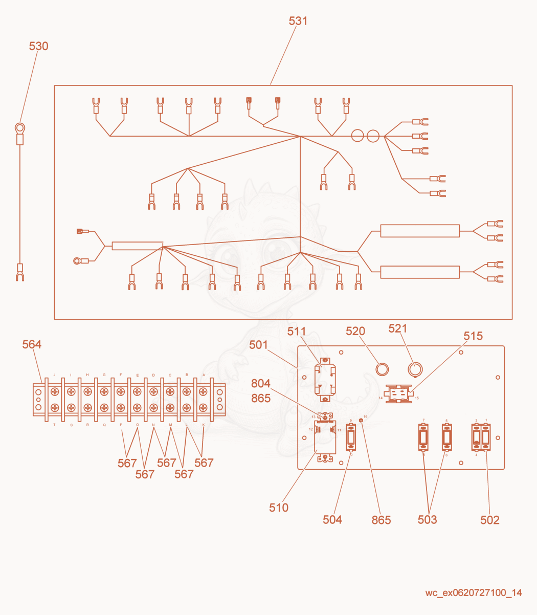 Despiece del Wiring Harness/Control Panel de una máquina Wacker Neuson LTN6L, con globos numerados