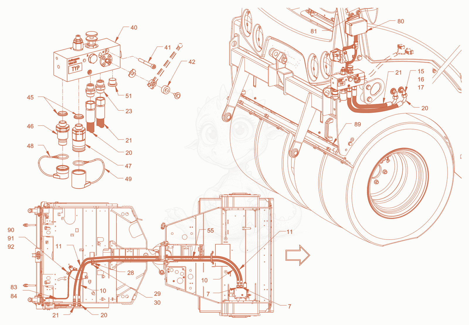 Exploded parts diagram of the cylinder spreader of a Wacker Neuson RD45-140C, with numbered balloons