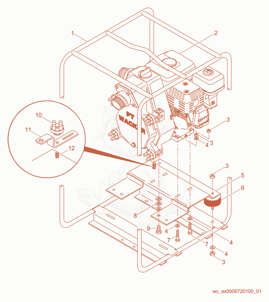 Exploded parts diagram of the Frame cpl. of a Wacker Neuson PT2A, with numbered balloons