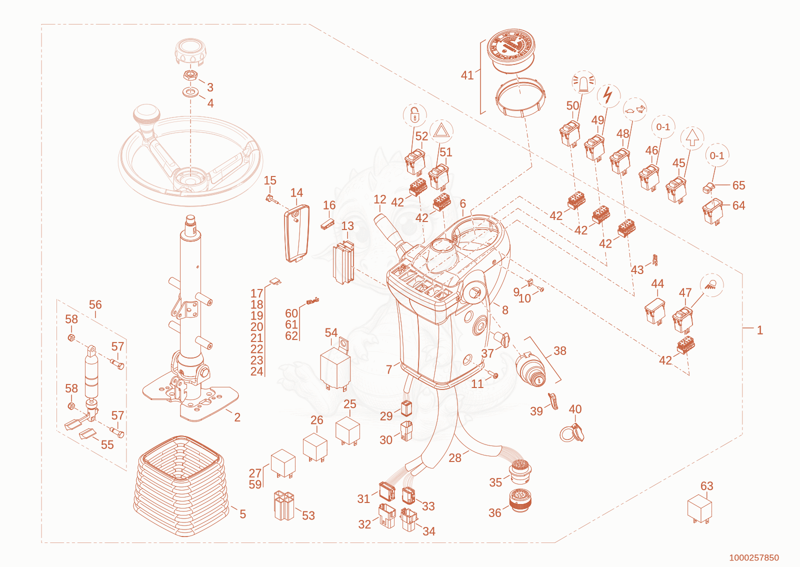 Exploded parts diagram of the steering column of a Wacker Neuson WL16, with numbered balloons