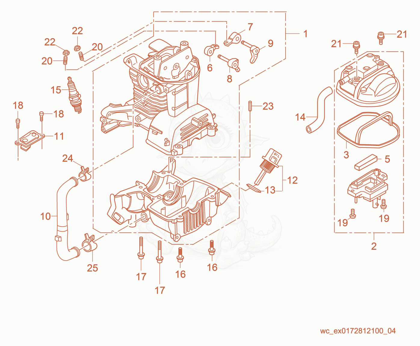 Exploded parts diagram of the Crankcase of a Wacker Neuson P35AEU, with numbered balloons