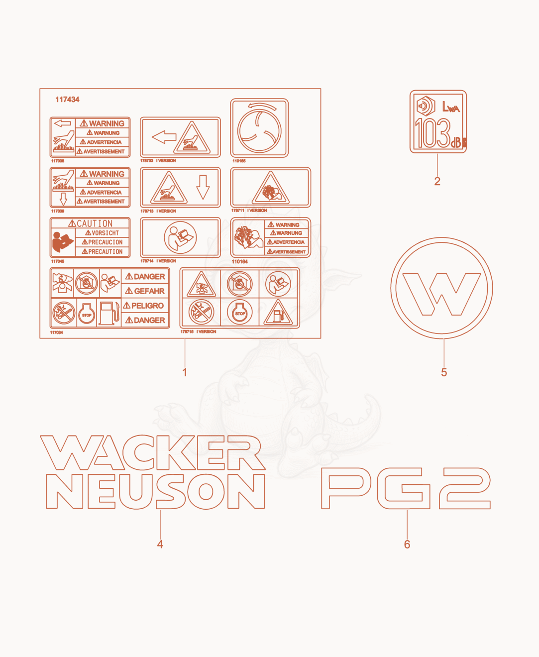 Exploded parts diagram of the Labels of a Wacker Neuson PG2TA, with numbered balloons