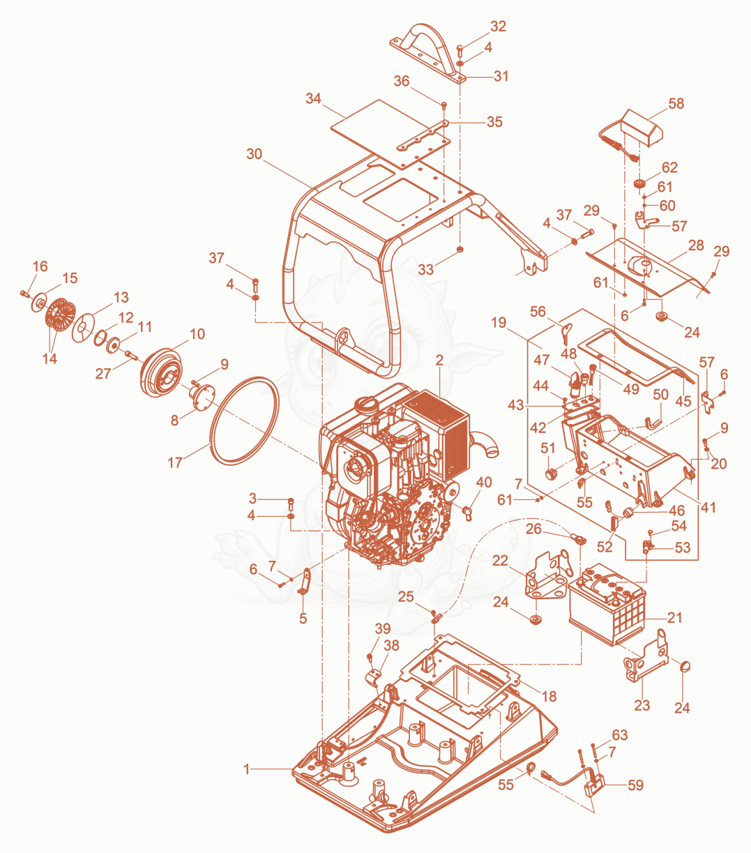 Exploded parts diagram of the Upper mass of a Wacker Neuson DPU6555HECUS, with numbered balloons