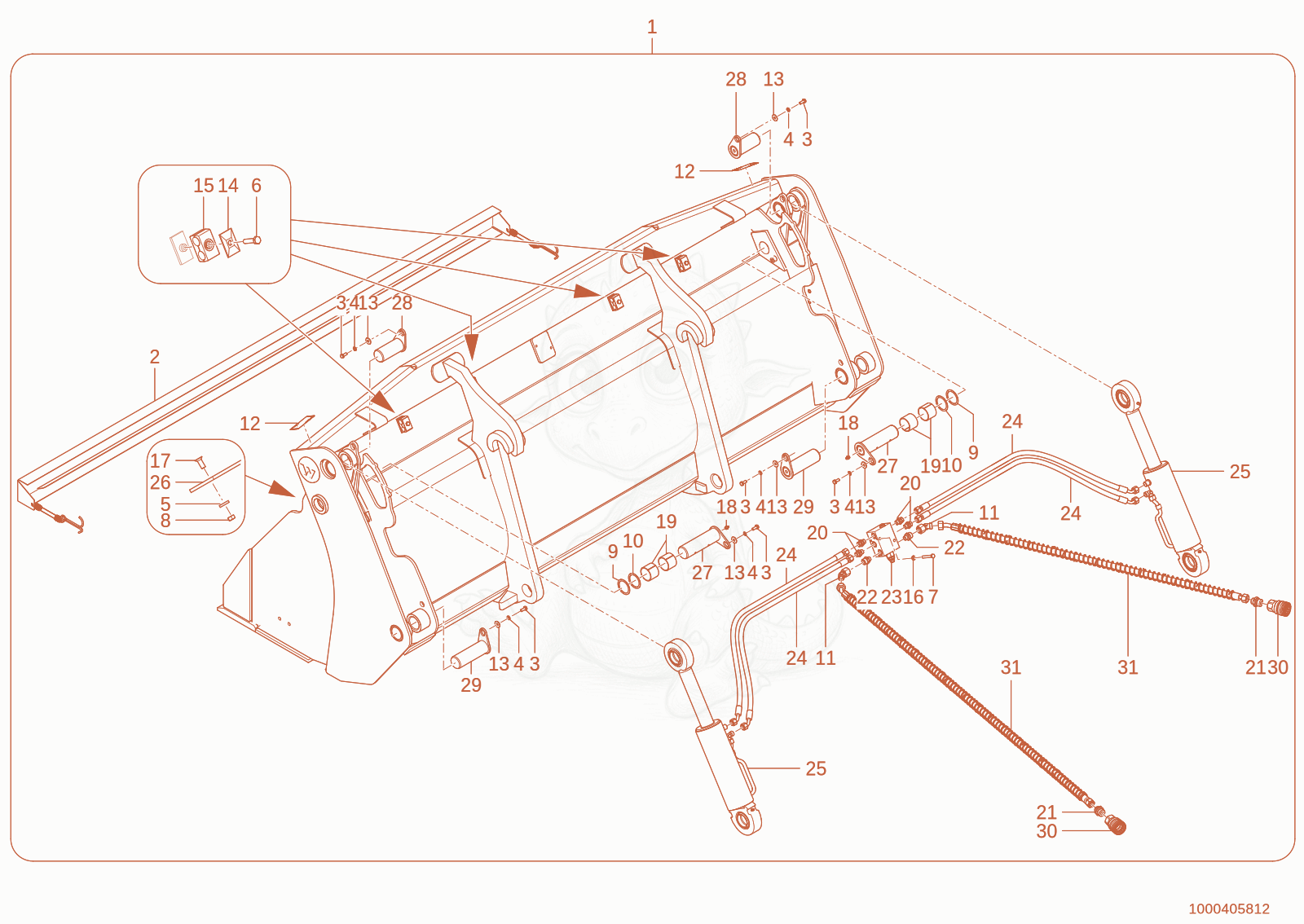 Exploded parts diagram of the bucket of a Wacker Neuson WL95(R90-02), with numbered balloons