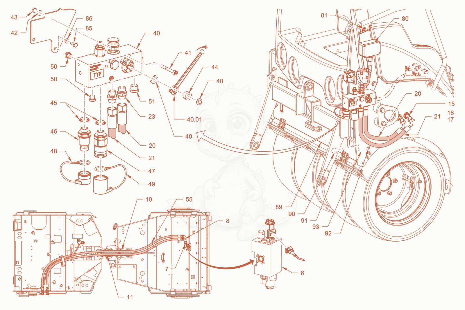 Exploded parts diagram of the hydraulic equipment cylinder spreader of a Wacker Neuson RD24-100CDPF, with numbered balloons