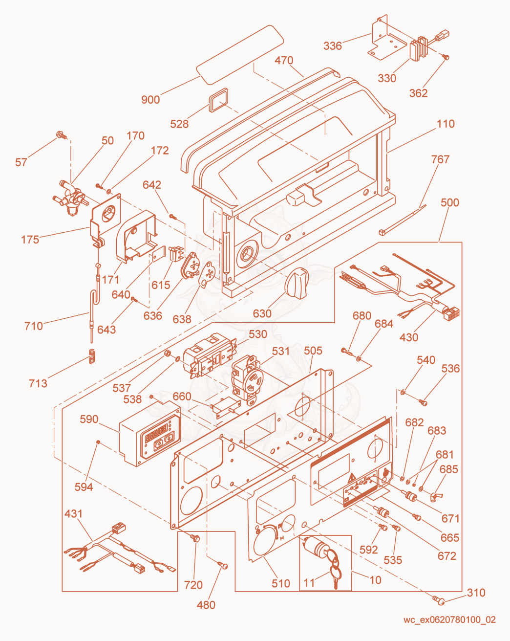 Exploded parts diagram of the Control Box/Front Panel cpl. of a Wacker Neuson GPSI3200, with numbered balloons