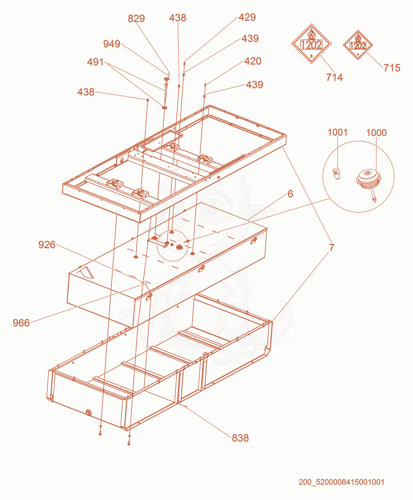 Exploded parts diagram of the Option-Skid/Fuel Tank cpl. of a Wacker Neuson G150, with numbered balloons