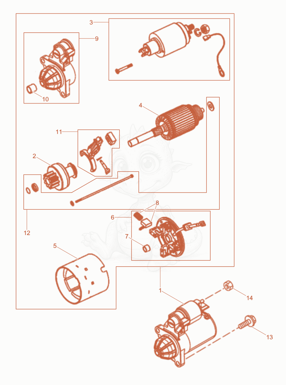 Exploded parts diagram of the Starter of a Wacker Neuson RD10YEHFLRC, with numbered balloons