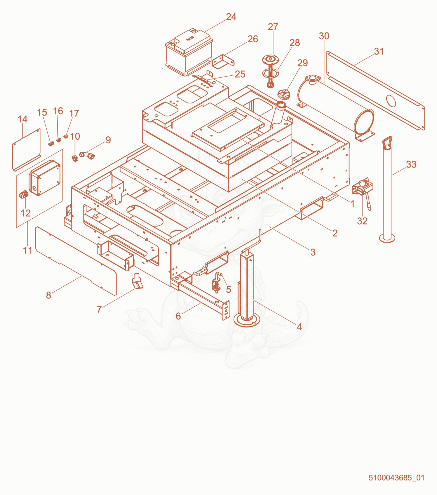 Exploded parts diagram of the Skid Assembly of a Wacker Neuson LTS4K, with numbered balloons