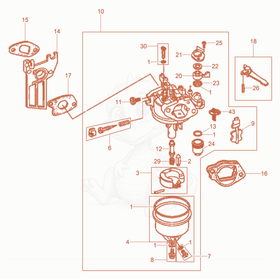 Despiece del Carburetor de una máquina Wacker Neuson VP2050AWUS, con globos numerados