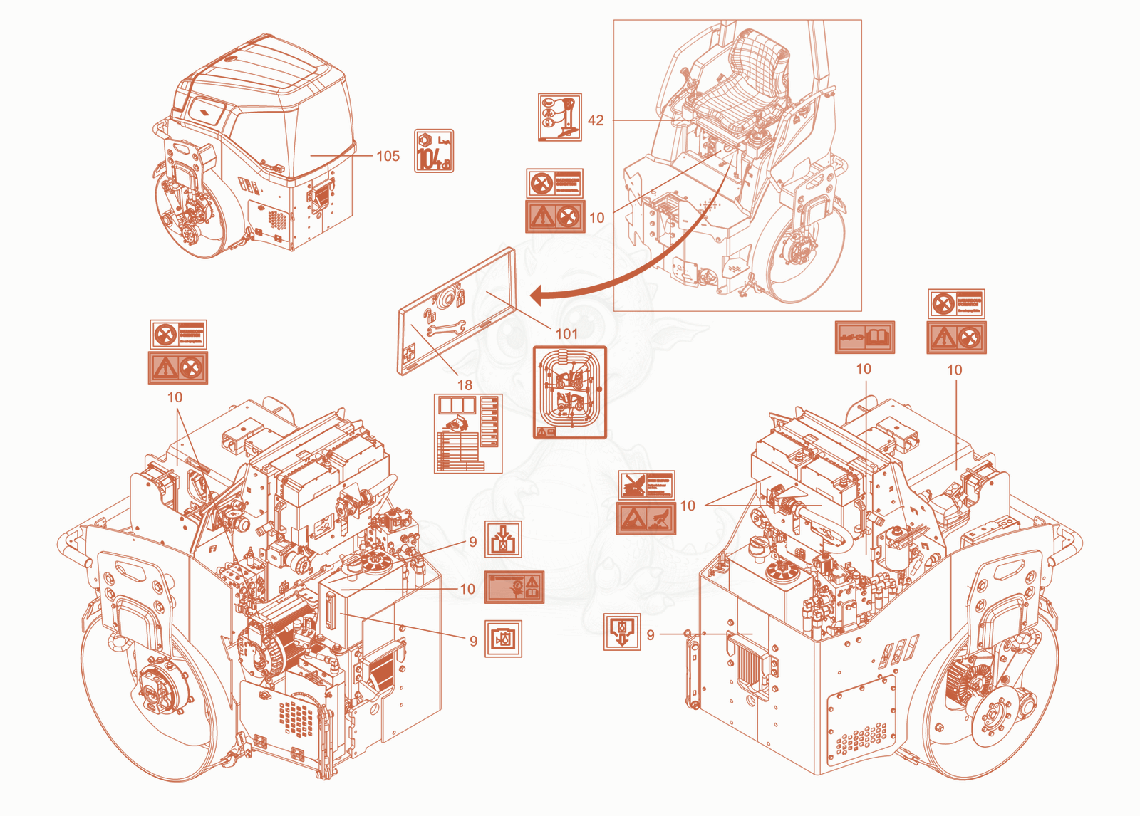 Exploded parts diagram of the sticker arrangement of a Wacker Neuson RD28-120E, with numbered balloons