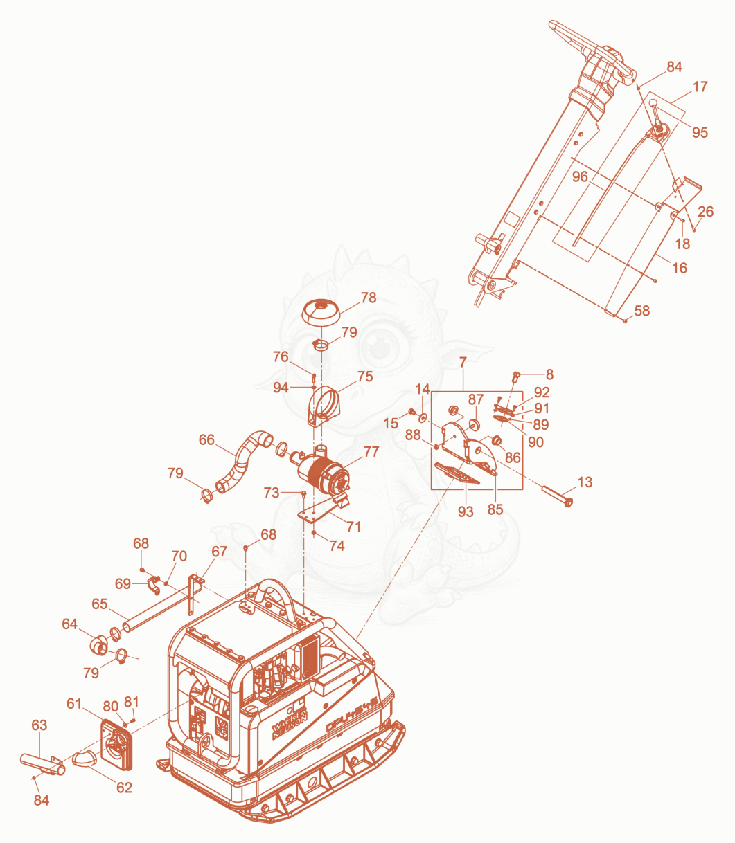 Exploded parts diagram of the Vibration Plate of a Wacker Neuson DPU4545HECHZF, with numbered balloons
