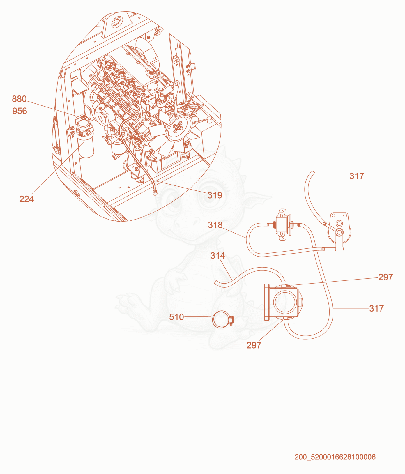 Exploded parts diagram of the Fuel Hose Routing of a Wacker Neuson G20, with numbered balloons