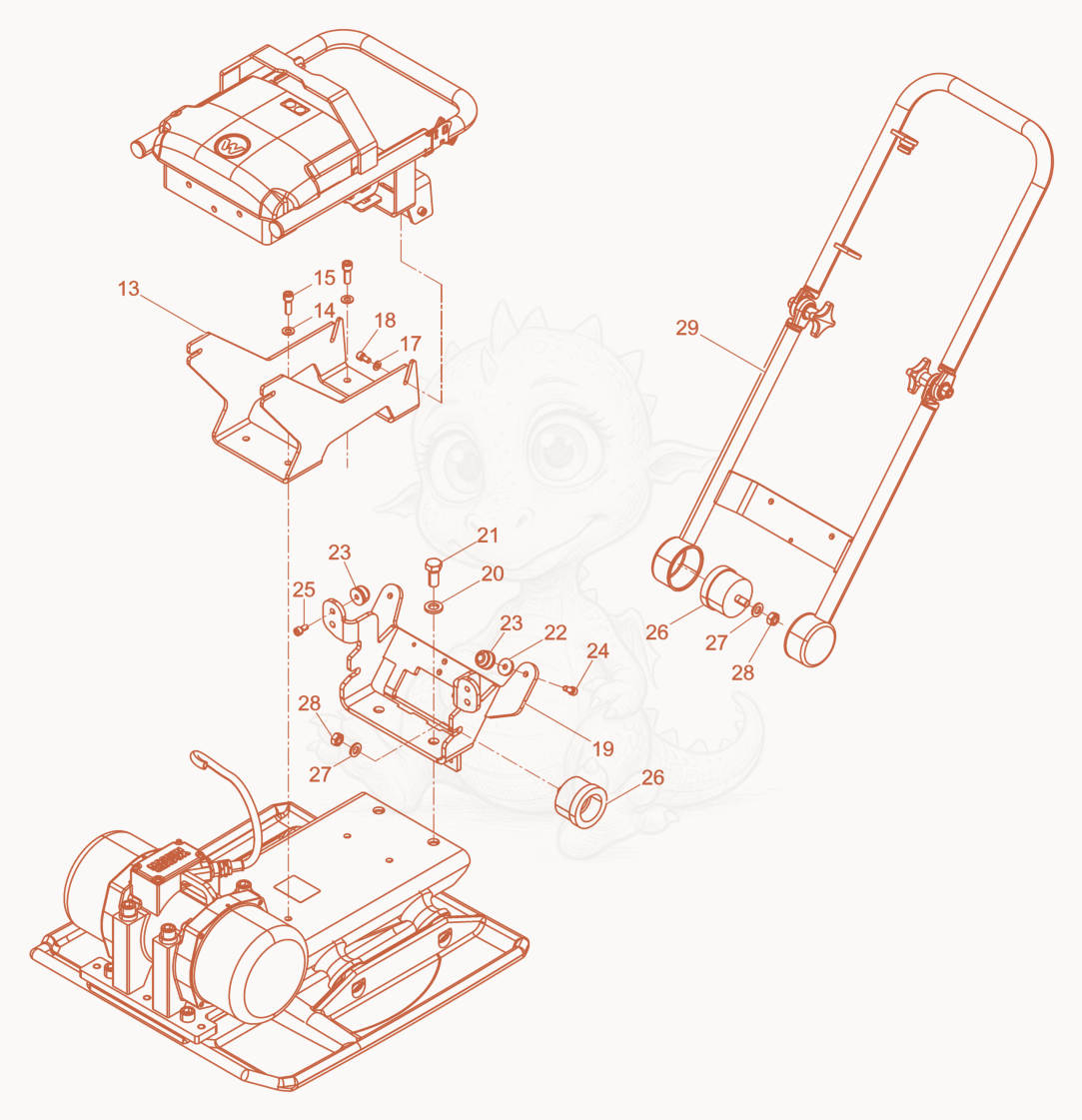 Despiece del Vibration Plate de una máquina Wacker Neuson AP2560E, con globos numerados