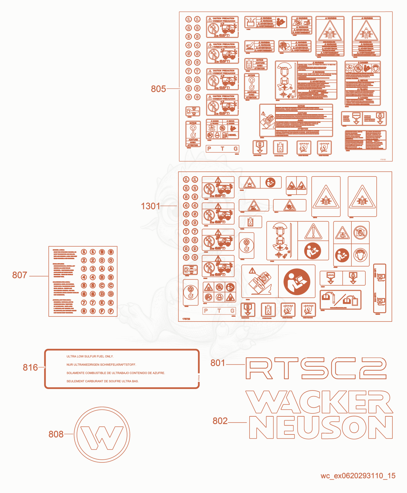 Exploded parts diagram of the Labels of a Wacker Neuson RT56-SC2, with numbered balloons