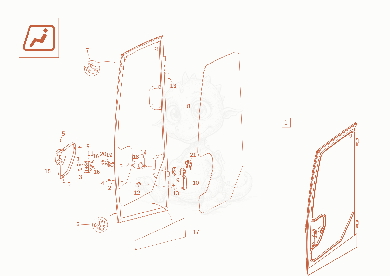 Exploded parts diagram of the CABIN DOOR (Option) of a Wacker Neuson EW65, with numbered balloons