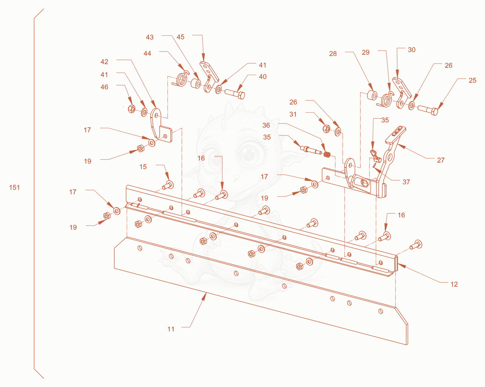 Exploded parts diagram of the foldable scraper of a Wacker Neuson RD24-100ODPF, with numbered balloons