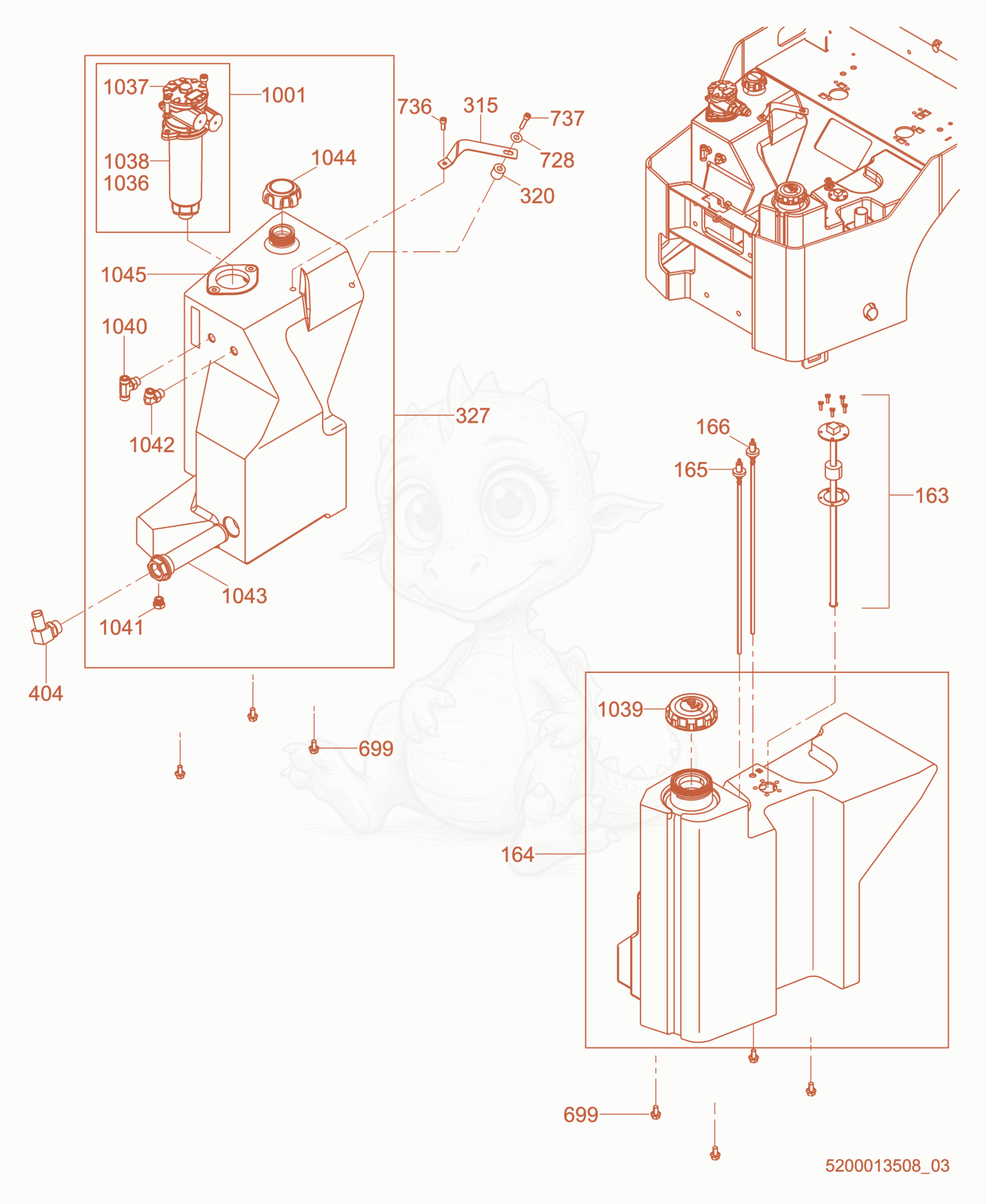 Exploded parts diagram of the Fuel Tank cpl./Hydraulic Tank of a Wacker Neuson RD27-120, with numbered balloons