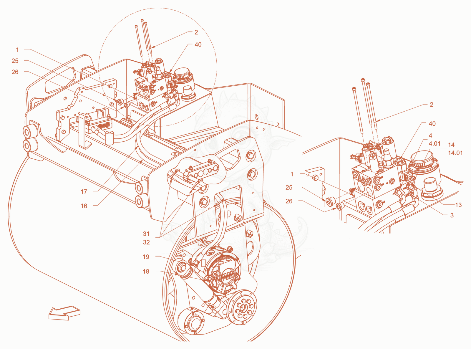 Exploded parts diagram of the hydraulic equipment of a Wacker Neuson RD24-100OUS, with numbered balloons