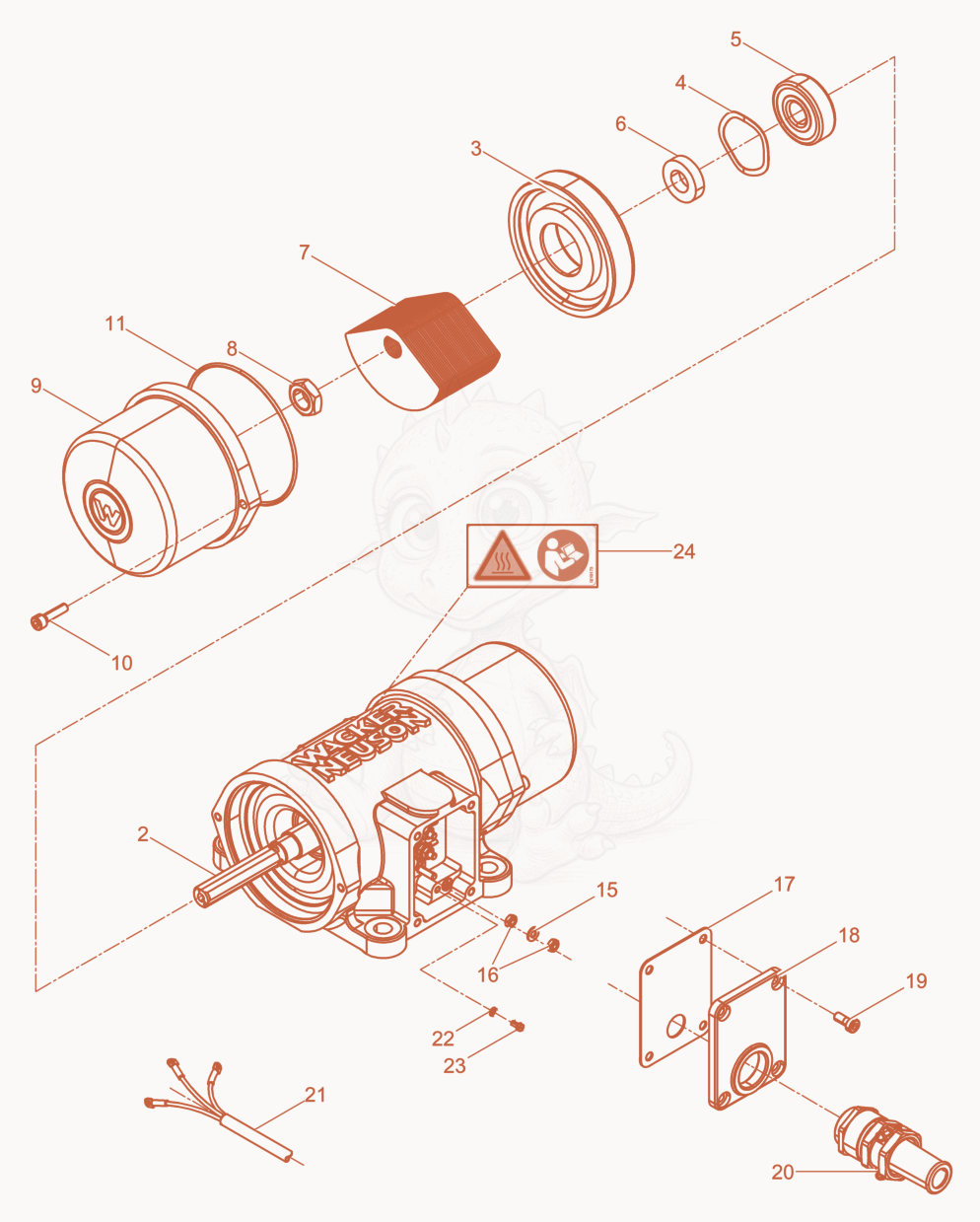 Despiece del External Vibrator cpl. de una máquina Wacker Neuson AR36/3,6/460, con globos numerados