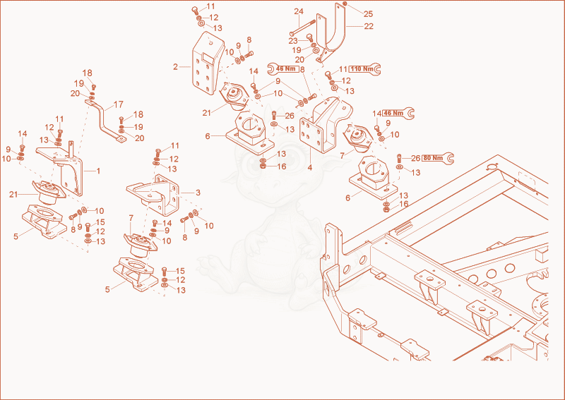 Exploded parts diagram of the Engine bedding of a Wacker Neuson 8002RD, with numbered balloons