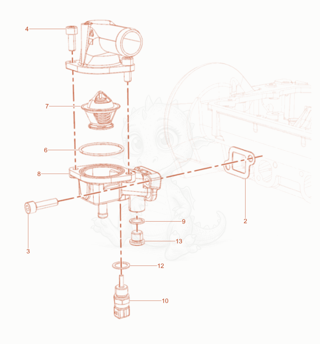 Despiece del Thermostat de una máquina Wacker Neuson DPU110RLEM970, con globos numerados