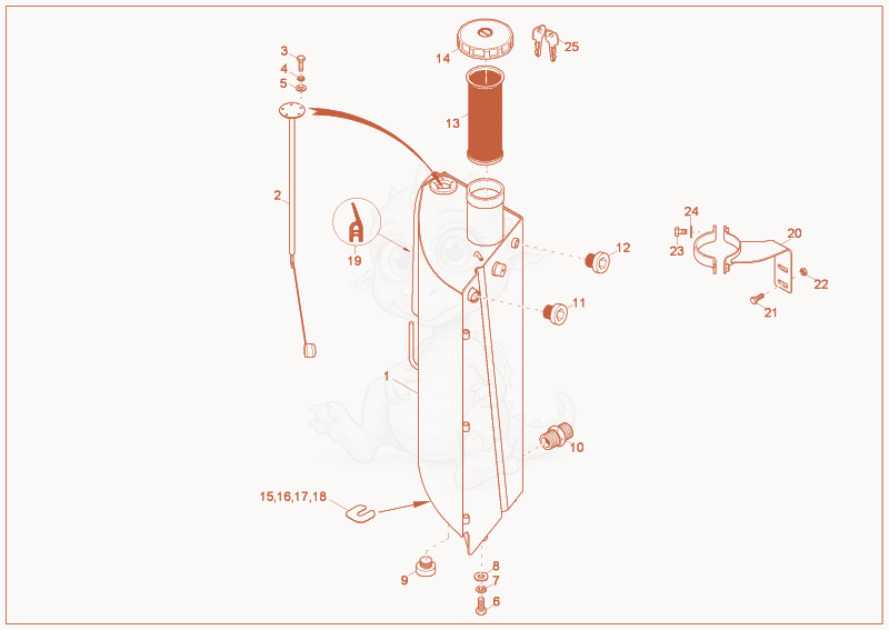 Exploded parts diagram of the fuel tank of a Wacker Neuson 6003, with numbered balloons