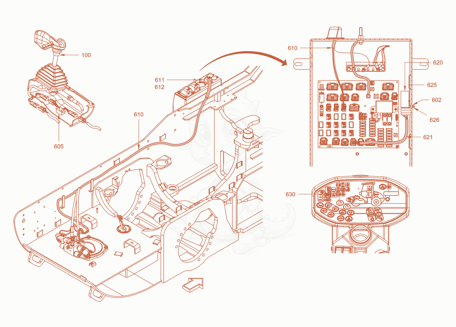Exploded parts diagram of the blade electrics of a Wacker Neuson RC50PDPFCAB, with numbered balloons