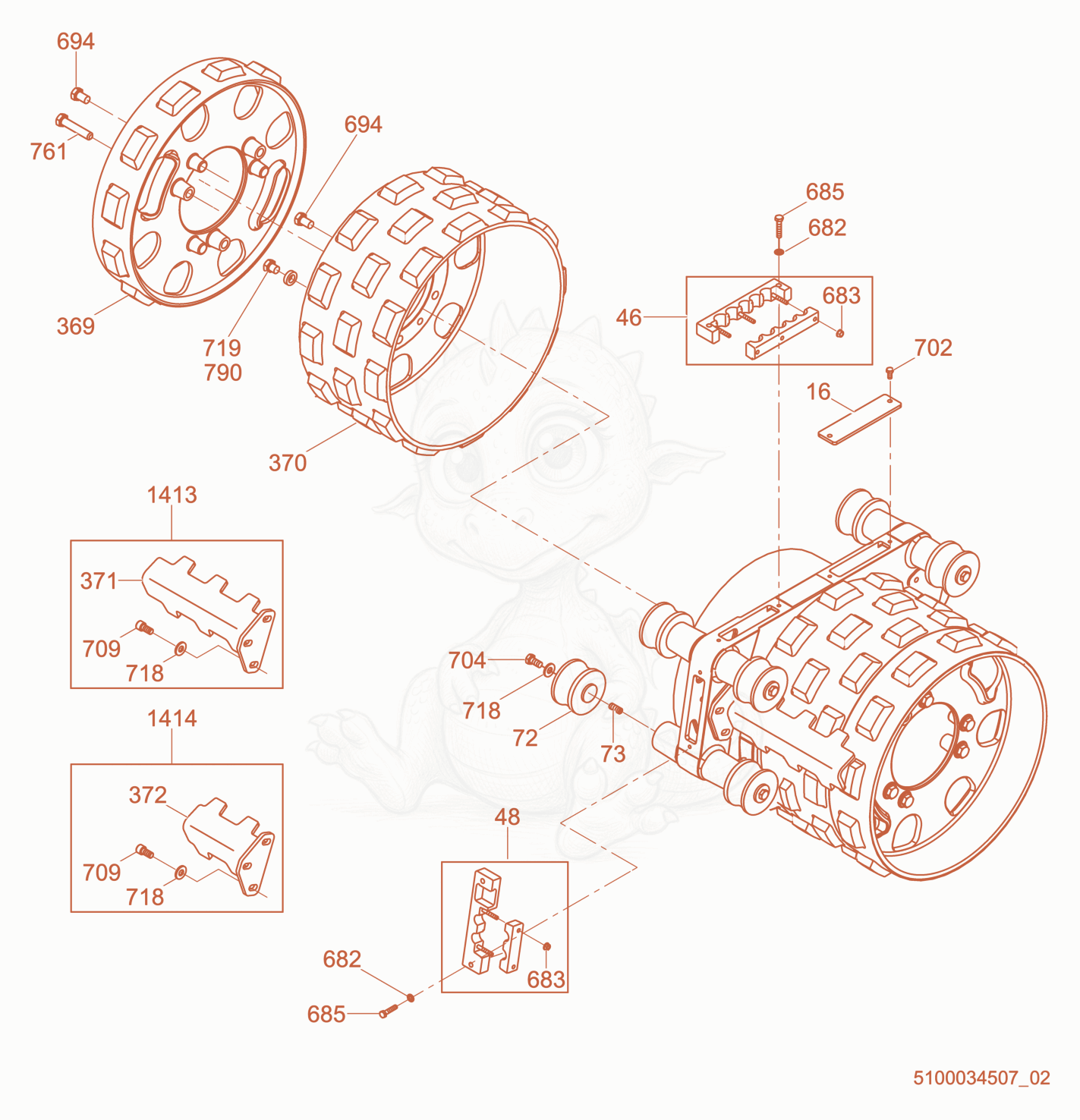 Exploded parts diagram of the Rear Drum of a Wacker Neuson RTKX-SC3, with numbered balloons