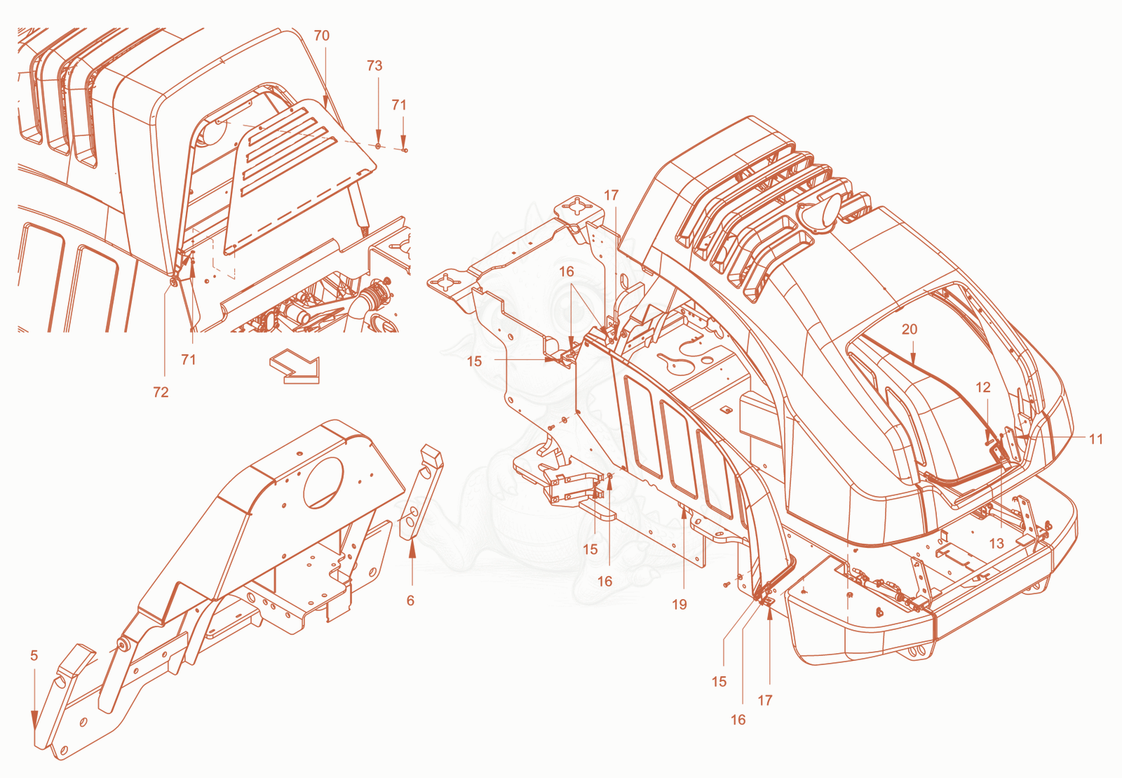 Exploded parts diagram of the canopies and covers of a Wacker Neuson RC110PUSROPS, with numbered balloons