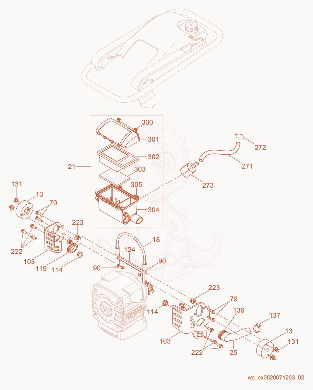 Exploded parts diagram of the Guide Handle/Air Cleaner of a Wacker Neuson BS50-4, with numbered balloons