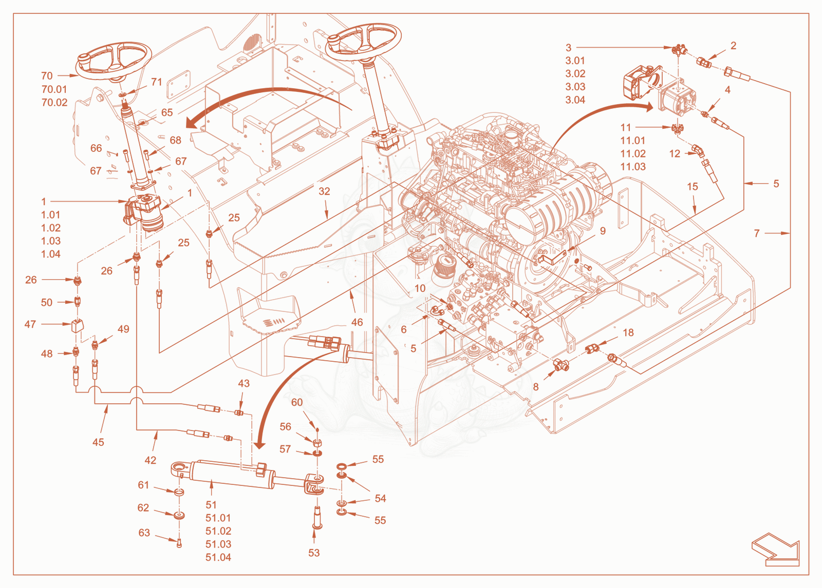 Exploded parts diagram of the steering of a Wacker Neuson RD40-130CDPF, with numbered balloons