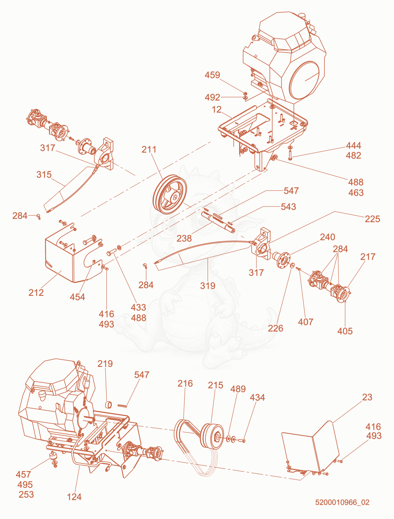 Exploded parts diagram of the Engine Compartment/Drive cpl. of a Wacker Neuson CRTV36-26A, with numbered balloons