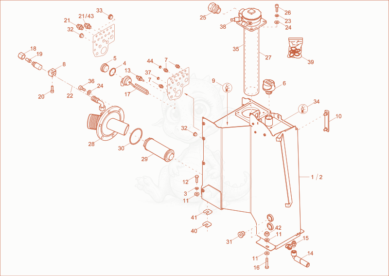 Exploded parts diagram of the hydraulic tank of a Wacker Neuson EZ80, with numbered balloons