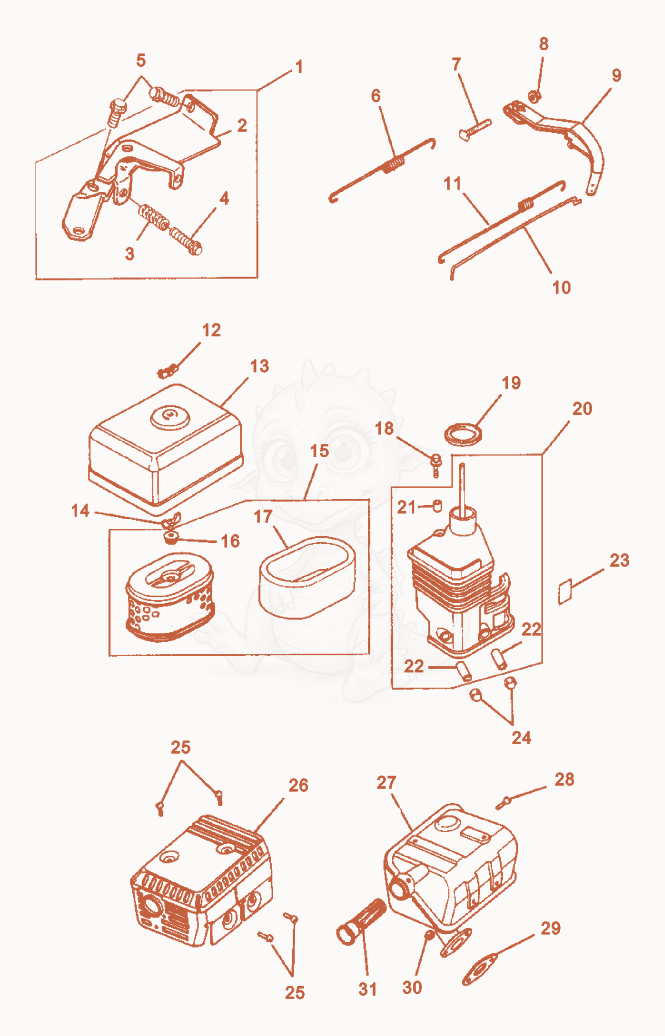 Exploded parts diagram of the Air Cleaner/Muffler/Governor of a Wacker Neuson G2.1AE, with numbered balloons