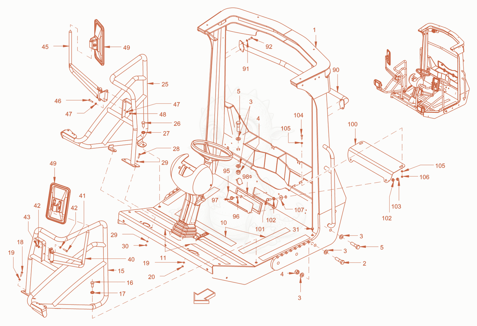 Exploded parts diagram of the roll over protection of a Wacker Neuson RC110PUSROPS, with numbered balloons
