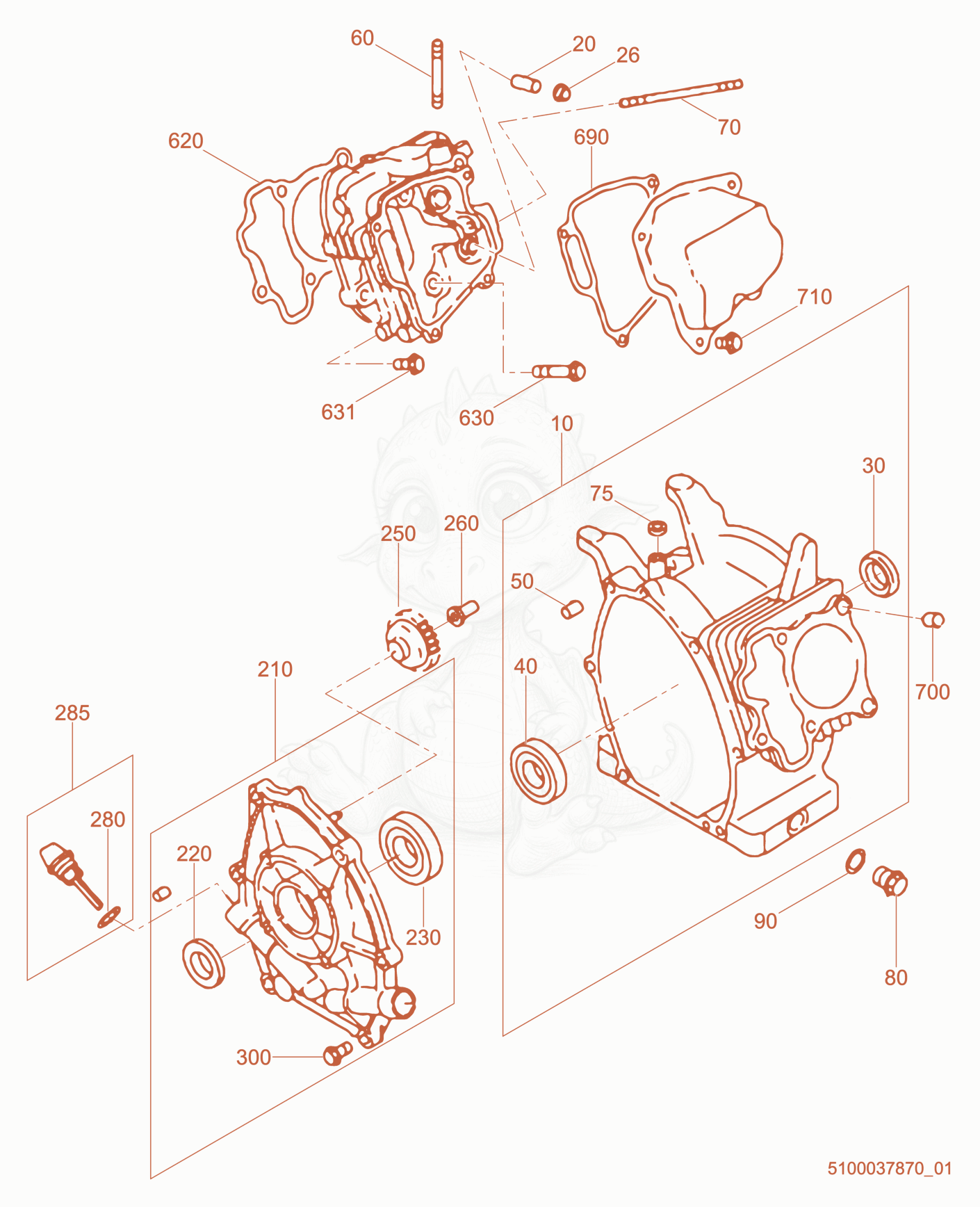 Exploded parts diagram of the Crankcase cpl. of a Wacker Neuson WP1540, with numbered balloons