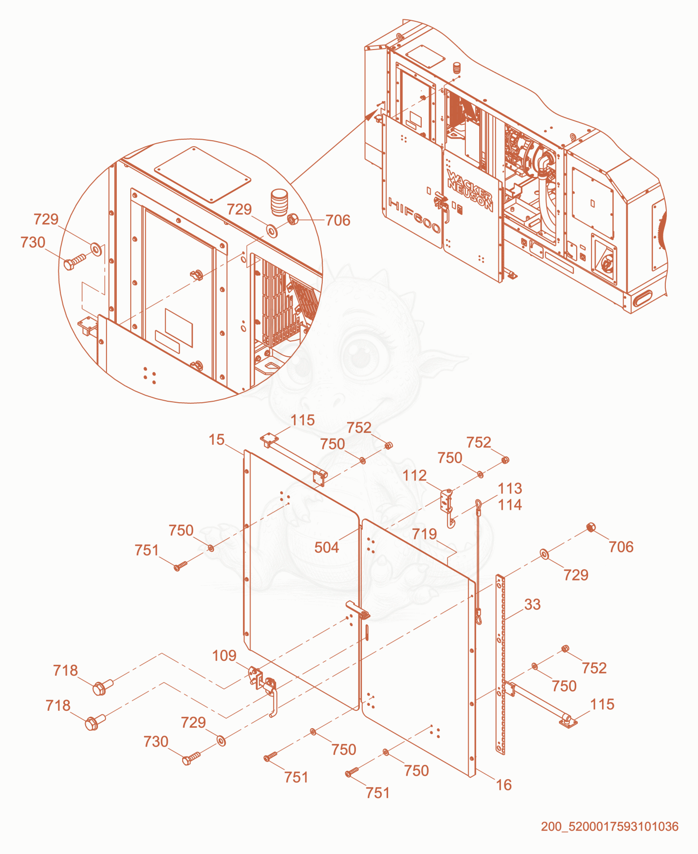 Exploded parts diagram of the Street Side Door of a Wacker Neuson HIF600, with numbered balloons
