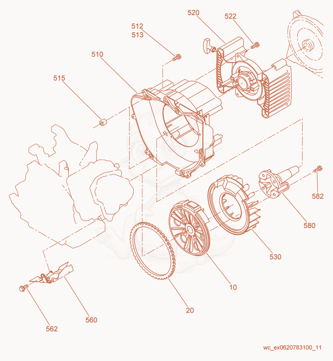 Exploded parts diagram of the Flywheel/Blower Housing of a Wacker Neuson GPSI4300, with numbered balloons