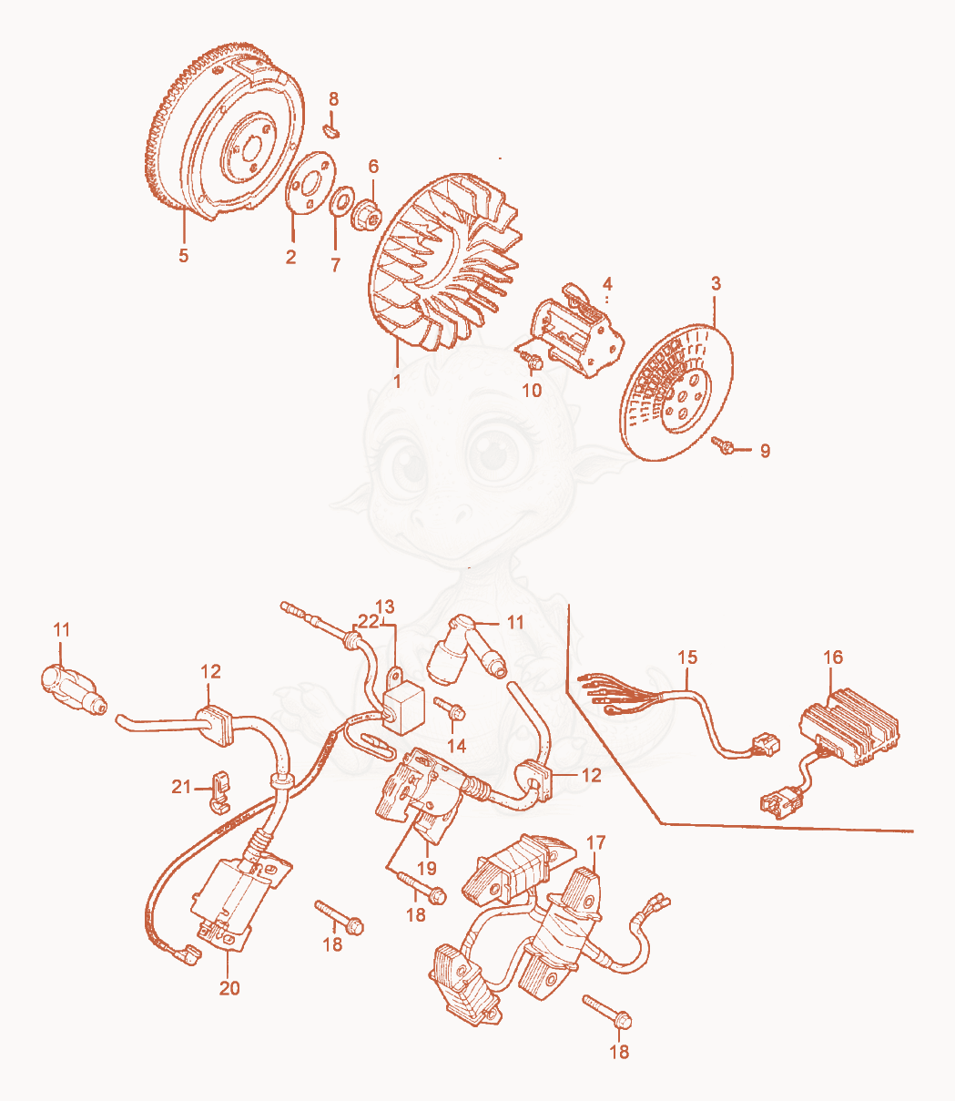 Exploded parts diagram of the Flywheel/Ignition Coil of a Wacker Neuson RD11A, with numbered balloons