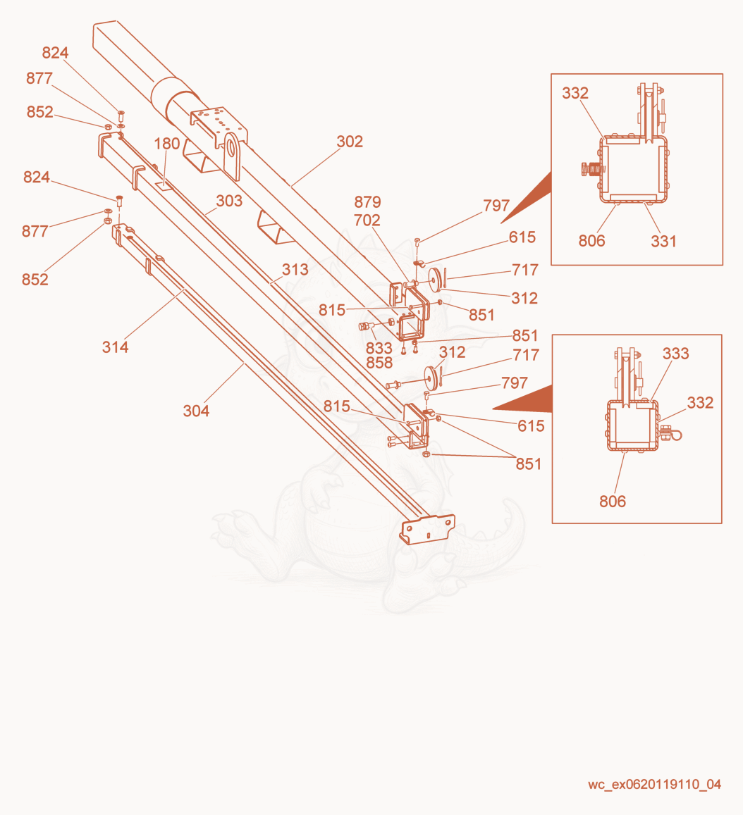 Exploded parts diagram of the Tower Tubes of a Wacker Neuson LTN6LE, with numbered balloons